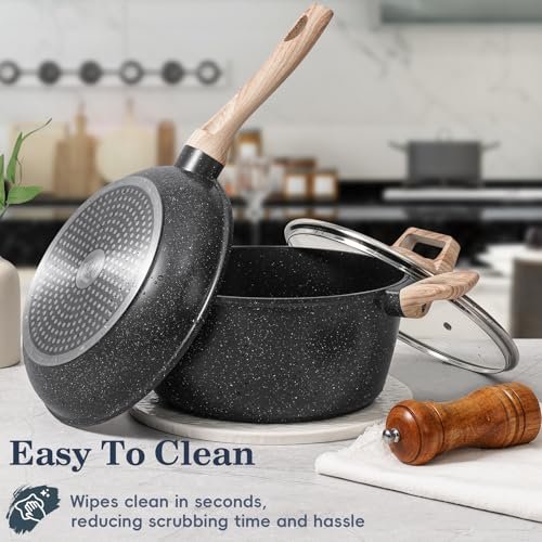 SODAY Pots and Pans Set Non Stick, 12Pcs Black Granite Induction Cookware