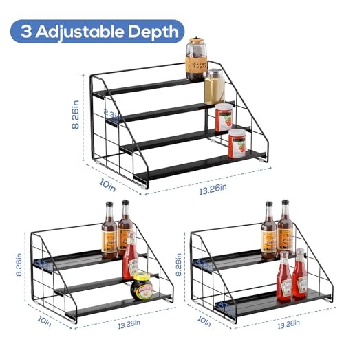 Spice Rack Organizer for Cabinet, 4 Tiered Spice Rack Organizer, Tiered Adjustable Spice Shelf for Kitchen Countertop Organization, Bright Black
