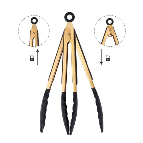 Stainless Steel Classic Kitchen Serving Food Party Gold Tongs 9" and 12" Cooking Tong with BPA Free Silicone Tips, Dishwasher Safe Serving Tools(set of 2)