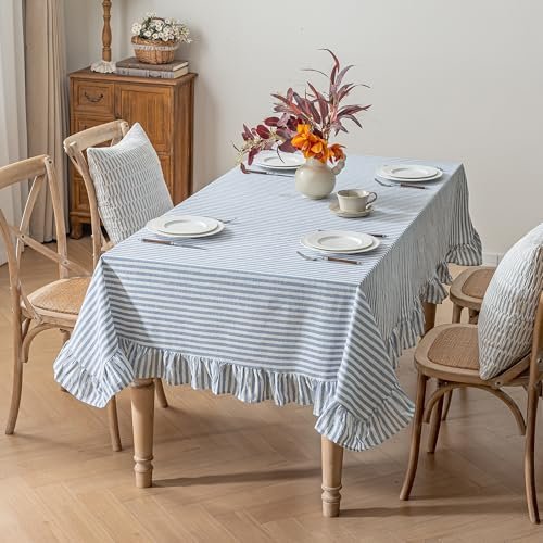 Striped Cotton Blend Tablecloth 60" × 120" Ruffled Table Cloth Washable Rectangular Fabric Table Cover Farmhouse Picnic Kitchen Dinning Tabletop Home Decoration, Blue, 10-12 Seats
