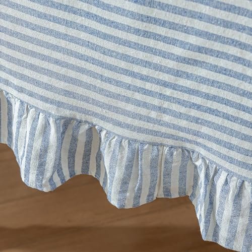 Striped Cotton Blend Tablecloth 60" × 120" Ruffled Table Cloth Washable Rectangular Fabric Table Cover Farmhouse Picnic Kitchen Dinning Tabletop Home Decoration, Blue, 10-12 Seats