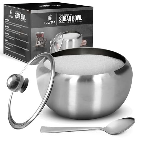 Sugar Bowl with Lid and Spoon | 12oz Sugar Container for Coffee Bar | Stainless Steel Holder Jar for Salt, Tea, Candy, Sugar Cube, Brown Sugar, Ghee | Kitchen Countertop Storage Accessories | 350ml