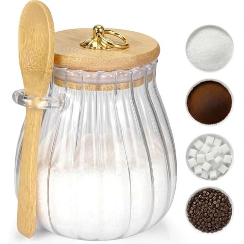 Sugar Container with Bamboo Lid and Spoon,15 oz Sugar Bowl Glass Jar