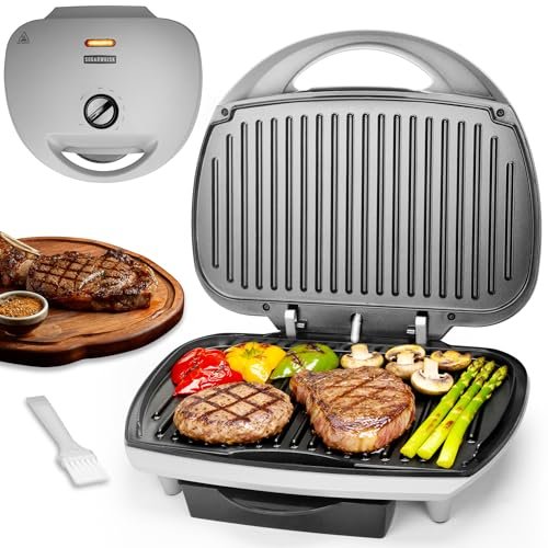 SugarWhisk Family-sized Contact Grill, 6-Serving Electric Indoor Grill with Adjustable Temp Control, Ceramic Coating, 1500W, Silver