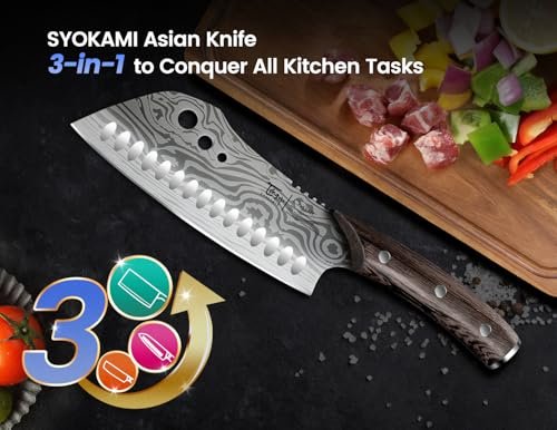 SYOKAMI Cleaver Chef Knife with Herb Stripper, 7" Asian Kitchen Knife