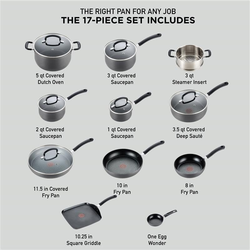 T-Fal Ultimate Hard Anodized Nonstick Pots and Pans Set 17 Piece, Nonstick Cookware Set with Fry Pan, Saucepans, Saute-Pan, Griddle, Dishwasher Safe, Onyx