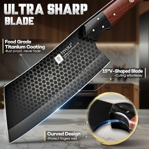TIVOLI Meat Cleaver Knife 7 inch - Black Butcher Knife for Meat Cutting