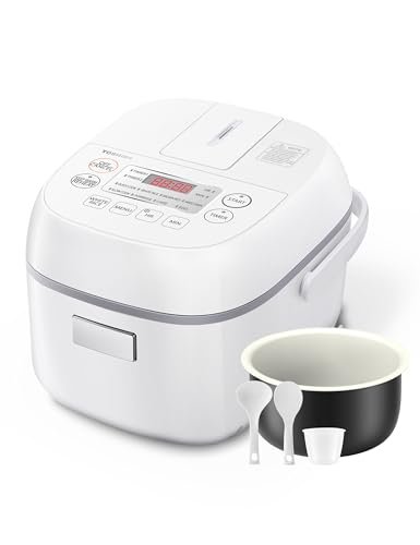 Toshiba Mini Rice Cooker, 3 Cups Uncooked, for 1-3 People, Steamer and Warmer, Fuzzy Logic, One-Touch Cooking, 24-Hour Delay Timer, Auto Keep Warm, White