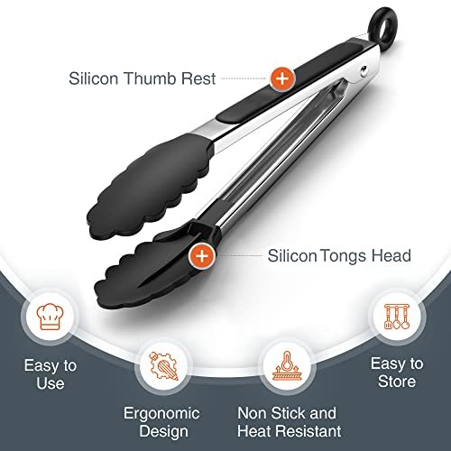 Tribal Cooking Kitchen Tongs with Silicone Tips - Stainless Steel tongs for cooking - 9" and 12" Tongs With Silicone Rubber Non Slip Grips, Heat Resistant Metal Tongs.