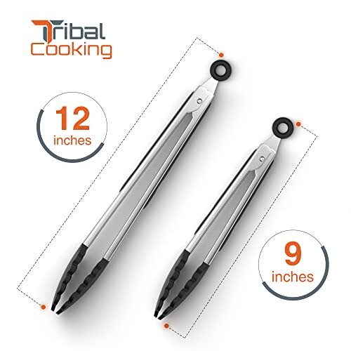 Tribal Cooking Kitchen Tongs with Silicone Tips - Stainless Steel tongs for cooking - 9" and 12" Tongs With Silicone Rubber Non Slip Grips, Heat Resistant Metal Tongs.