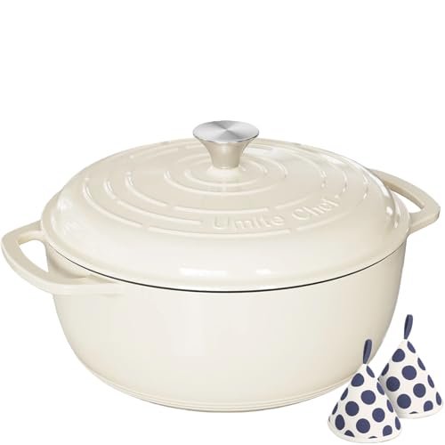Umite Chef 6QT Enameled Cast Iron Dutch Oven with Lid, Versatile Heavy-Duty Cookware Pot for Baking Bread, Braising, Soups & Stews, Oven & Stovetop Safe with Heat Resistant GlovesοΌCream WhiteοΌ