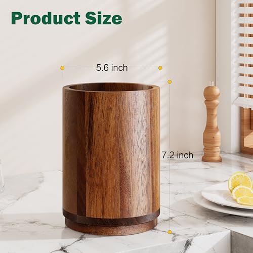 Utensil Holder, Acacia Wood Kitchen Utensil Holder for Countertop, 360°Rotating Cooking Utensil Crock for Kitchen Counter, 7.2" Large Utensil Organizer for Spatula
