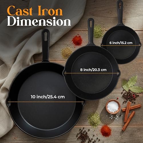 Utopia Kitchen Cast Iron Skillet Set 3 Piece 6 8 10 Inch PFAS-Free Black