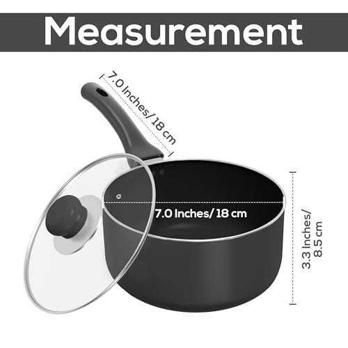 Utopia Kitchen Saucepan 2 QT Detachable Handle with Lid Grey Black | Glass Lid, Multipurpose Use, Home Kitchen and Restaurant, Nonstick Coating, Durable