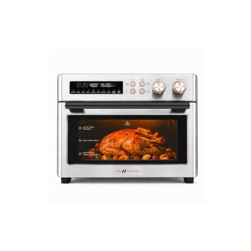 VAL CUCINA Infrared Heating 26.3 QT Air Fryer Toaster Oven, Large Countertop Convection Oven 10-in-1 Combo, 6-Slice Toast, Enamel Baking Pan Easy Clean with Recipe Book, Brushed Stainless Steel Finish