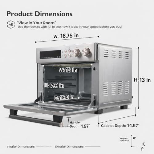 VAL CUCINA Infrared Heating 26.3 QT Air Fryer Toaster Oven, Large Countertop Convection Oven 10-in-1 Combo, 6-Slice Toast, Enamel Baking Pan Easy Clean with Recipe Book, Brushed Stainless Steel Finish