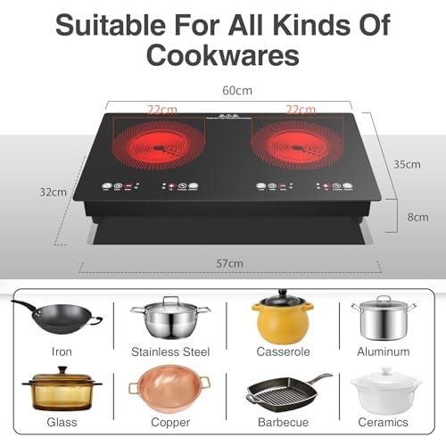 VBGK Electric cooktop,110V 24 inch 2 Burner Electric Cooktop,Built-in and Countertop Stove Top,3000W Stove,9 Power Levels, Kids Lock & Timer,LED touch control,Overheat Protection