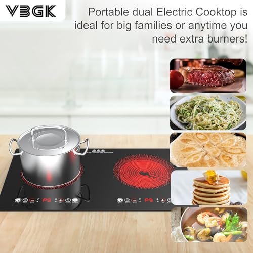 VBGK Electric cooktop,110V 24 inch 2 Burner Electric Cooktop,Built-in and Countertop Stove Top,3000W Stove,9 Power Levels, Kids Lock & Timer,LED touch control,Overheat Protection