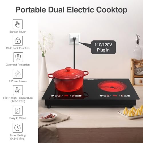 VBGK Electric cooktop,110V 24 inch 2 Burner Electric Cooktop,Built-in and Countertop Stove Top,3000W Stove,9 Power Levels, Kids Lock & Timer,LED touch control,Overheat Protection