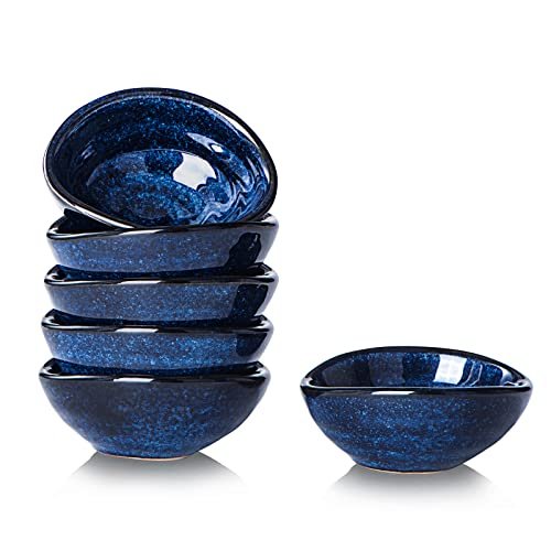 vicrays Ceramic Dipping Sauce Bowls β Small Charcuterie Dip Cups Cooking Prep Condiment Oil Dish Mini Tapas Plates for Soy Sushi Salsas Wasabi Appetizer Dessert - Set of 6 Blue