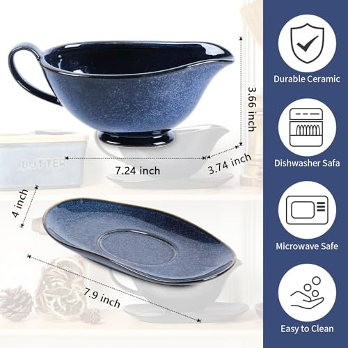 Vicrays Gravy Boat with Saucer - Large 17oz Ceramic Sauce Boat with Tray Set of 2 for Turkey Salad Dressings Creamer Milk Broth - Thanksgiving Christmas Holiday Serving Dishes - Blue