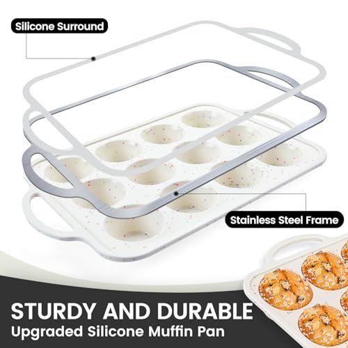 Vinino 1Pack Silicone Muffin Pan for Baking with Metal Reinforced Frame, 12 Cup Regular Size Cupcake Pan, BPA Free Silicone Muffin Tray, Cupcake Baking Pan Molds for Oven Dishwasher Safe - Cream