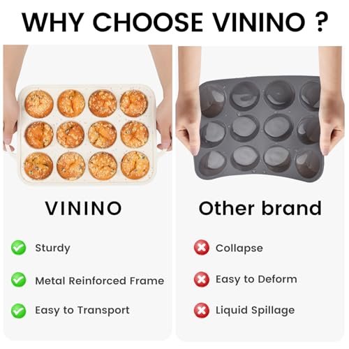 Vinino 1Pack Silicone Muffin Pan for Baking with Metal Reinforced Frame, 12 Cup Regular Size Cupcake Pan, BPA Free Silicone Muffin Tray, Cupcake Baking Pan Molds for Oven Dishwasher Safe - Cream