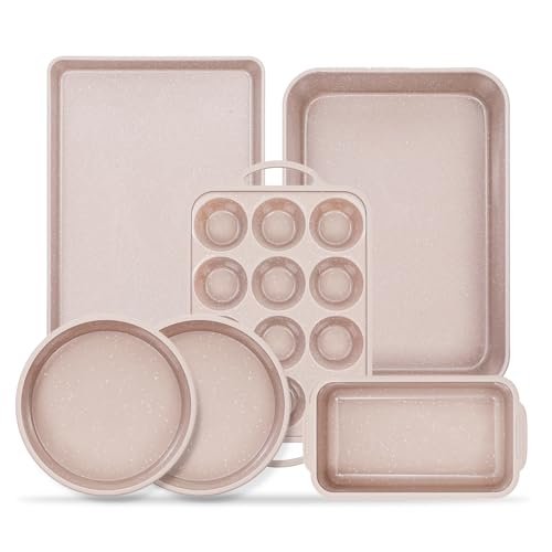 Vinino 6-Piece Baking Pans Set Nonstick, Bakeware Set includes Silicone Muffin, Loaf, Cake Pans with Metal Reinforced Frame. And includes Carbon Steel Roasting Pan, Cookie Sheet for Oven