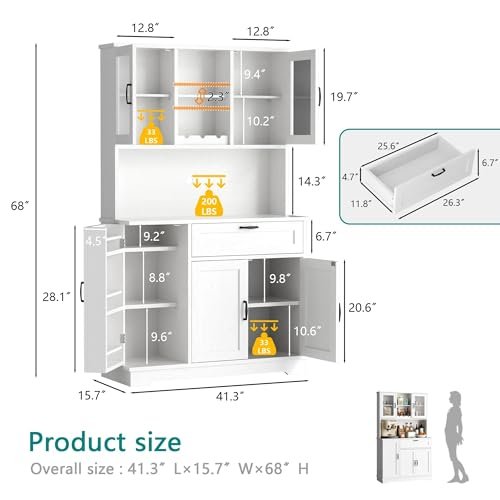Vongrasig Kitchen Pantry Cabinet, Large Kitchen Hutch Formhouse Storage Cabinet with Microwave Stand, Tall Food Pantry for Dining Room, Living Room, White