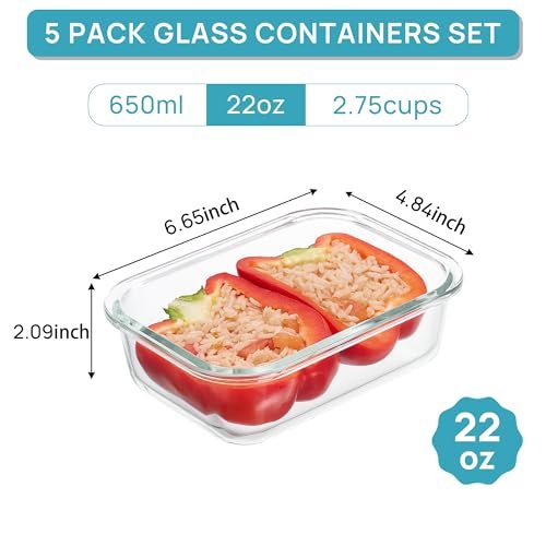 Vtopmart 5Pack 22oz Glass Storage Containers with Lids, Grey