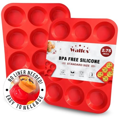 Walfos Muffin Pan Set - 12 Cups Regular Silicone Cupcake Pan, Non-stick and BPA Free, Great for Making Muffin Cakes, Tart, Fat Bombs - Dishwasher Safe, 2-Piece