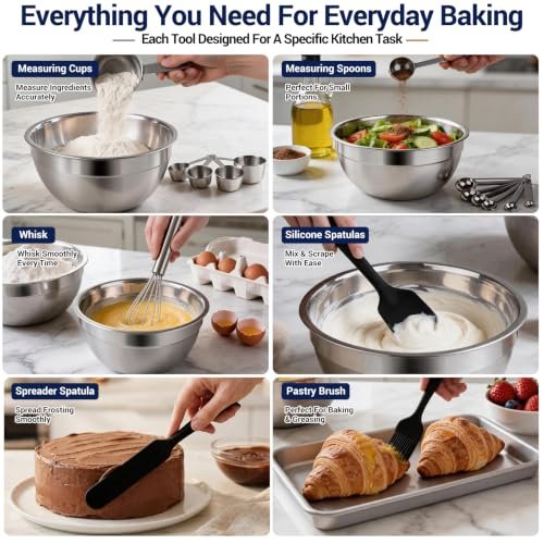 WEPSEN Mixing Bowls Set, 25PCS Stainless Steel Mixing Bowl with Lid Set, Large Nesting Bowls 7, 4.5, 3,2, 1.5QT, Measuring Cups and Spoons Baking Utensils Metal Bowl for Kitchen Prep