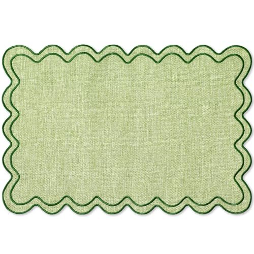 Whaline Sage Green Placemats Embroidered Scalloped Boho Kitchen Place Mats for Wedding Bridal Baby Shower Jungle Theme Party Home Dining Table Decor, Set of 6, 13 x 19 in