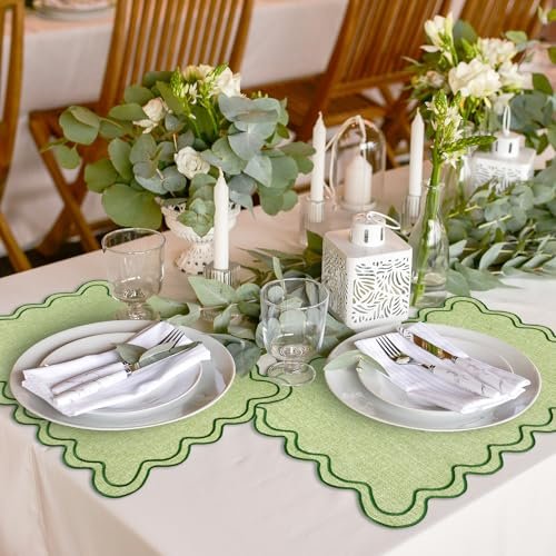 Whaline Sage Green Placemats Embroidered Scalloped Boho Kitchen Place Mats for Wedding Bridal Baby Shower Jungle Theme Party Home Dining Table Decor, Set of 6, 13 x 19 in