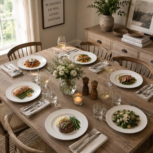 White Dinner Plates Set of 6, 10 Inch Ceramic Plates, White Plates for Everyday Dining, Steak, Pasta & Salad, Microwave & Dishwasher Safe