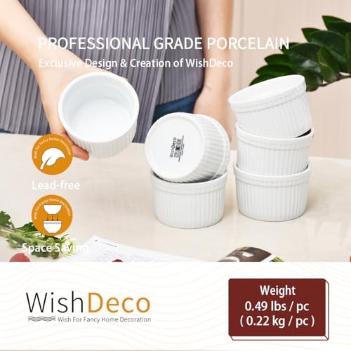 WishDeco Ramekins Set of 6, White Creme Brulee Ramekins 7 oz