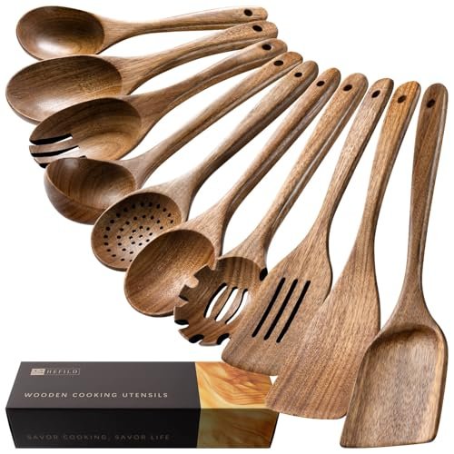 Wooden Spoons for Cooking, 10-Piece Acacia Wood Cooking Utensil Set