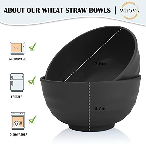 Wrova Wheat Straw Bowls Set 60 OZ Unbreakable Large Cereal Bowls Set of 6 Microwave and Dishwasher Safe Bowls Big Bowls for Camping and Picnic BPA Free Soup Bowl for Serving Oatmeal and Salad. Black