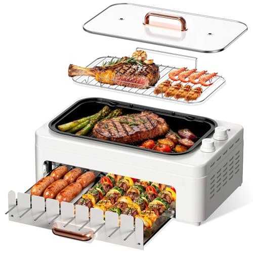 XHJ 4-in-1 Electric Indoor Grill Smokeless for Home,Countertop Electric Grill with Removable Sizzling Grill Pan & Grate + Auto Rotating Kabob Skewers + Electric Hot Dog Roller Dual Zone Cook with Lid
