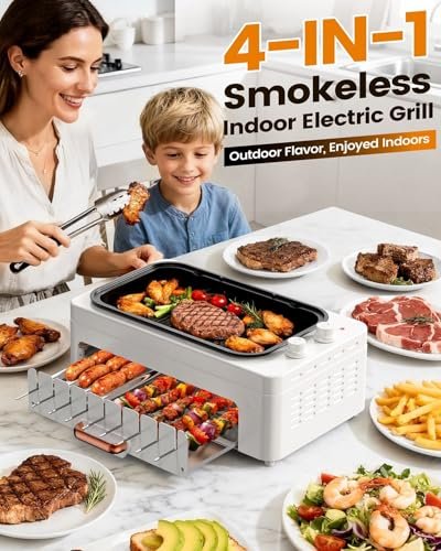 XHJ 4-in-1 Electric Indoor Grill Smokeless for Home,Countertop Electric Grill with Removable Sizzling Grill Pan & Grate + Auto Rotating Kabob Skewers + Electric Hot Dog Roller Dual Zone Cook with Lid