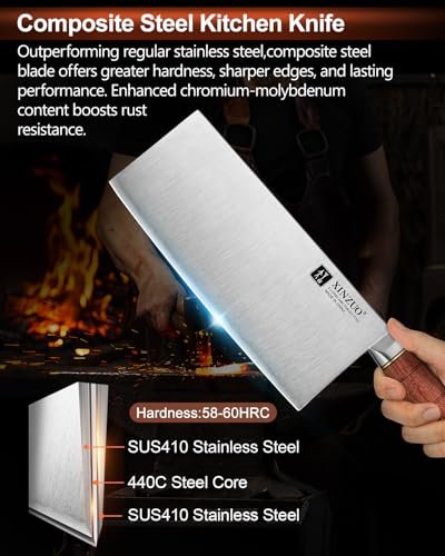XINZUO 8.1 Inch Professional Chinese Chef Knife,440C Steel Core,Sharp Stainless Steel Vegetable Cleaver Meat Kitchen Square Knife For Precision Slicing, Dicing,Asian Cuisine With Red Wood Handle