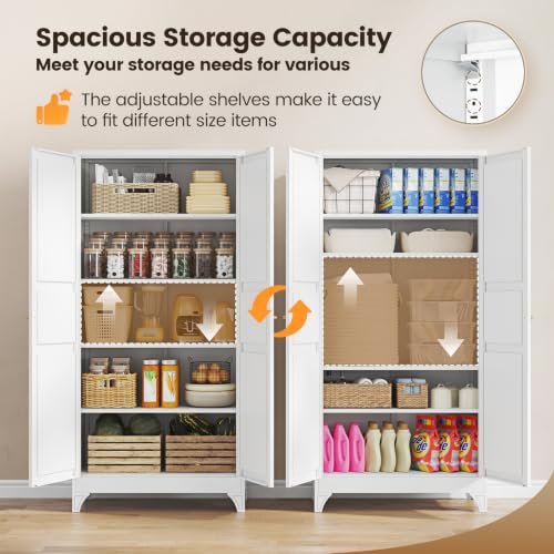 Yizosh Metal Pantry Cabinet, 75" Kitchen Pantry with 2 Door and 4 Adjustable Shelves,White Metal Pantry Storage Cabinet,Cupboard for Kitchen,Dining Room,Living Room and Bathroom