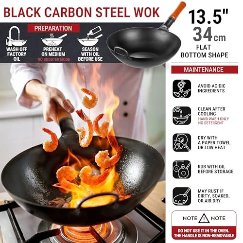 YOSUKATA 13.5" Pre-Seasoned Flat Bottom Black Carbon Steel Wok for Stir Fry