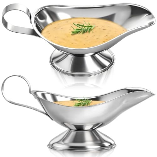 ZOOFOX Set of 2 Gravy Boat, 8 oz Stainless Steel Sauce Boat with Easy-Pour Spout and Handle, Sauce Serving Dish for Salad Dressings, Creamer, Broth, Black Pepper